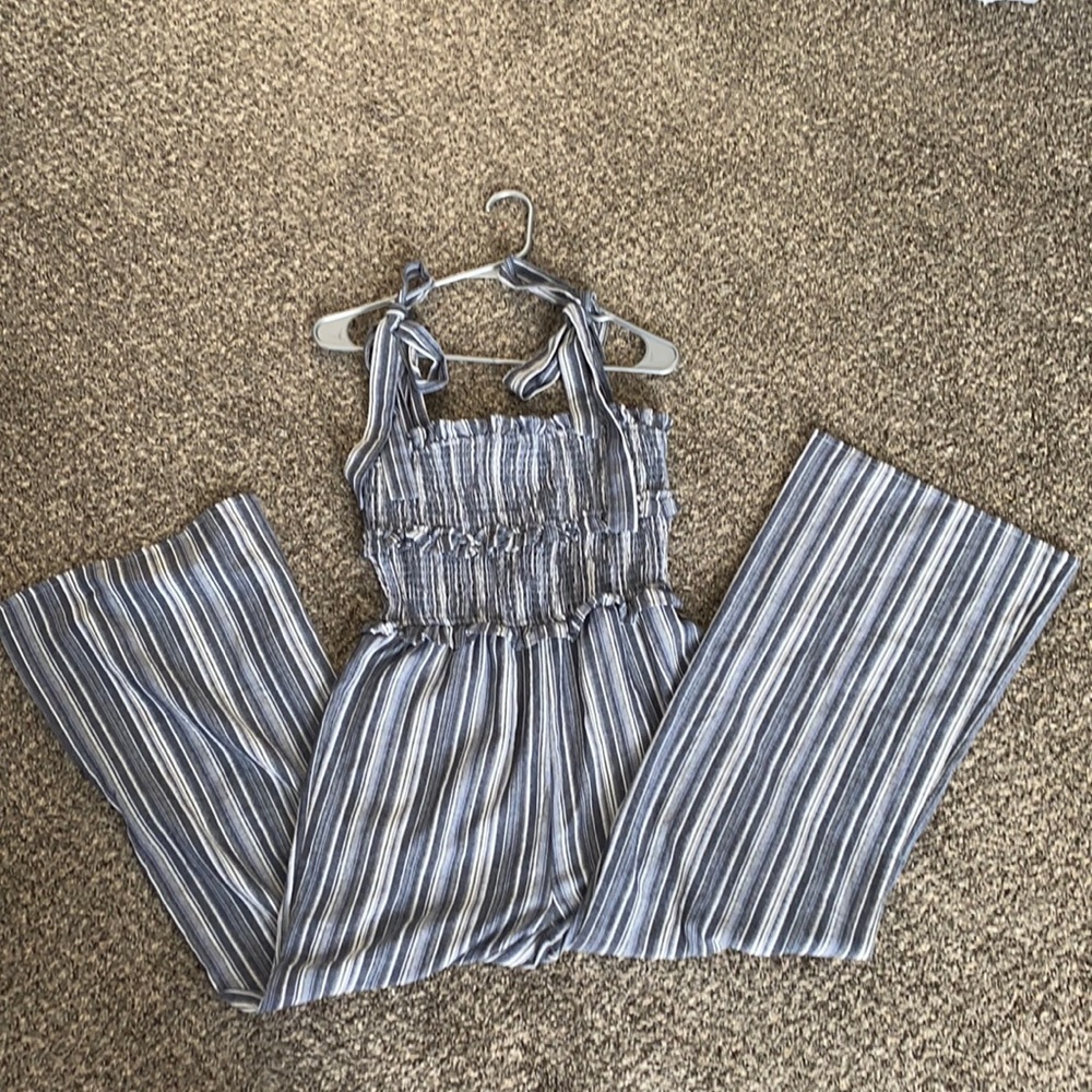Kittenish Blue and white jean striped jumpsuit